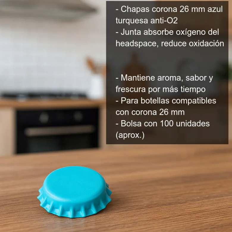 Chapas 26 mm azul turquesa anti-O2 - 100 uds