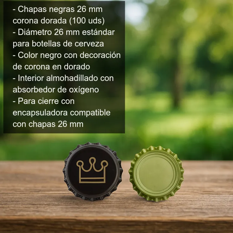 Chapas negras con Corona - 26mm x 100 uds