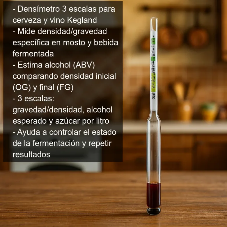 Densímetro de tres escalas para cerveza y vino