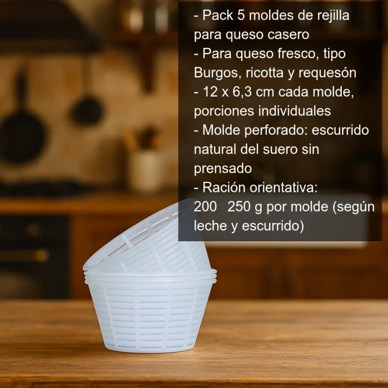 Moldes de rejilla para queso fresco y ricotta - 12 x 6,3 cm x 5 uds