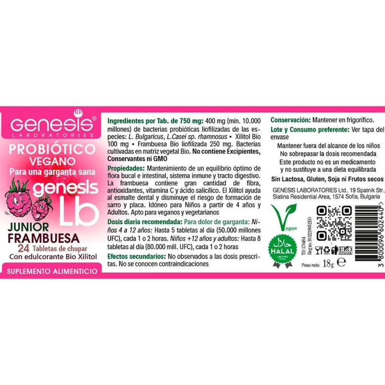 Probióticos Genesis LB Frambuesa - 24 tabletas chupables