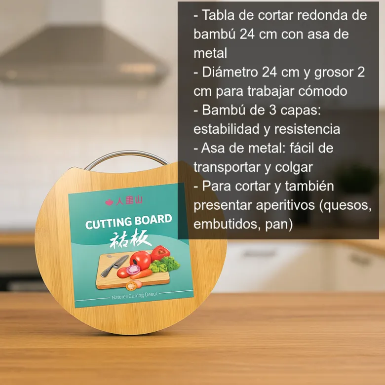 Tabla de cortar redonda con asa de metal - 24cm