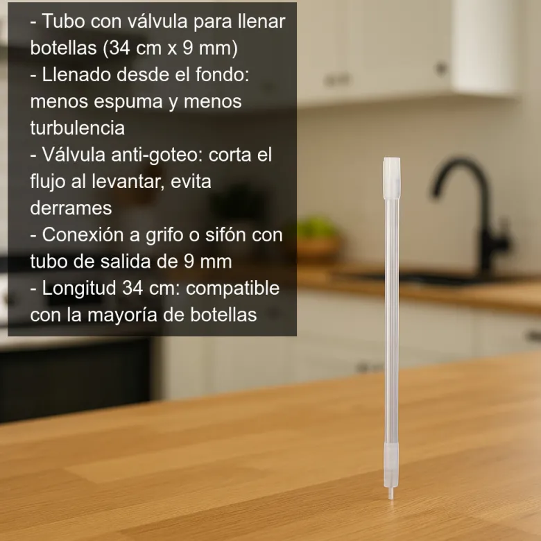 Tubo con válvula para llenar botellas - 34 cm x 9mm