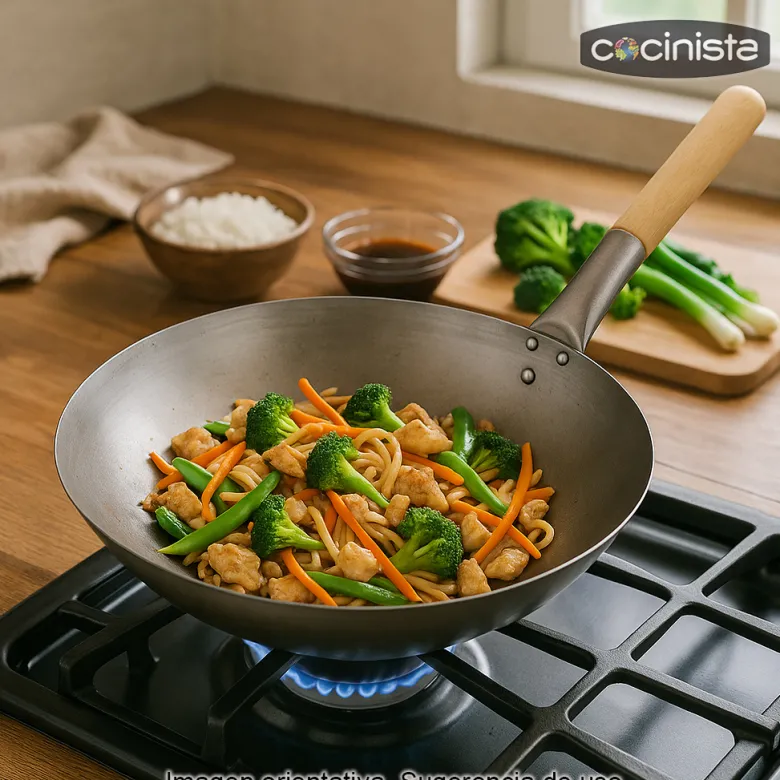 Wok con mango de madera - 35cm